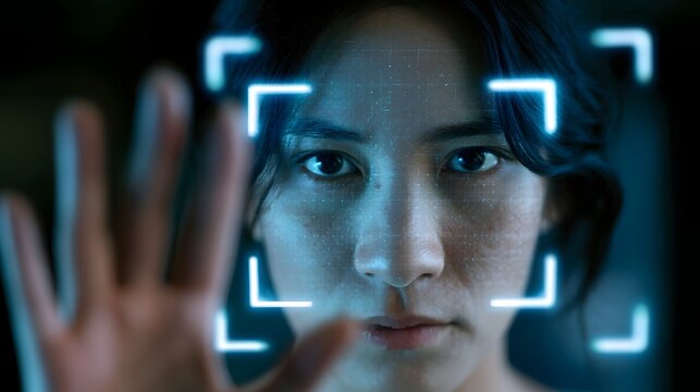 A person s face is scanned by a futuristic biometric system with glowing blue digital overlays and a hand partially obscuring the view