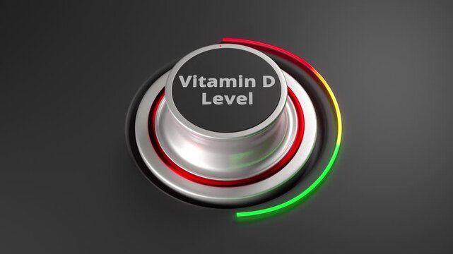Realistic 3D dial gauge animation showing vitamin D level rising from green to red on a brushed metal knob with glowing color arc. Perfect for nutrition, bone health, immunity, or wellness visuals.