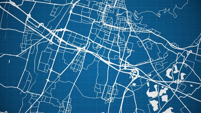 Ink reveal animation of Brescia city, Lombardy, Italy, grid map. Aerial top view. Blueprint style. White lines with blue background. 4K Seamless loop.