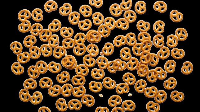 Overhead background pattern of small hard pretzels.