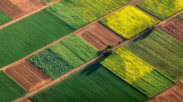 Aerial Patchwork of Green and Yellow Agricultural Fields