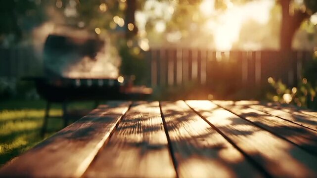 Summer hot vibe lifestyle. A closeup shot of a wooden table in a serene outdoor setting. The tables surface is illuminated by the warm glow of the setting sun, casting a golden hue across the scene.