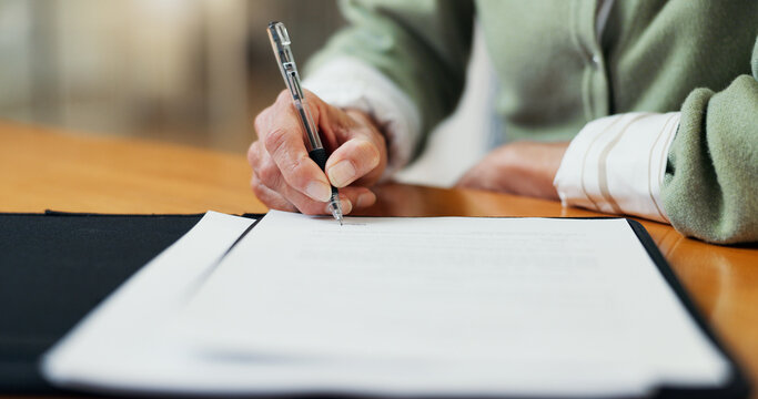 Documents, signature and hands of woman in office for health insurance claim with application. Paperwork, signing and person with medical consent form, survey or consultation policy in workplace.