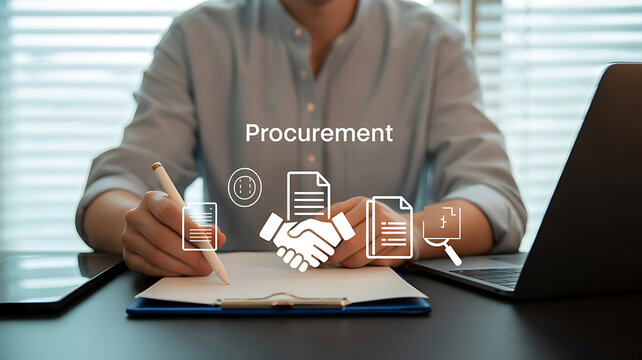 Person signing document with procurement icons during a business meeting with a laptop