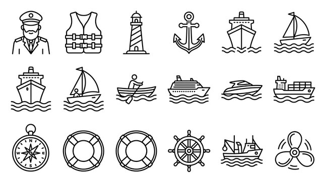 Nautical and maritime transport icons for sailing and ocean travel