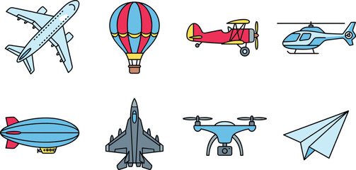Air Transportation and Aviation Icon Set with Commercial Airplane, Hot Air Balloon, Biplane, Helicopter, Blimp, Fighter Jet, Drone, and Paper Plane Vector Illustrations © MbBasir