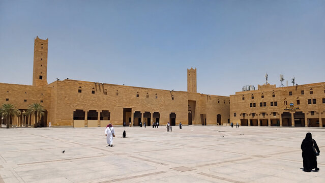 Historic Deera Square in Riyadh, Saudi Arabia with traditional architecture, open plaza, and visitors under a clear blue sky