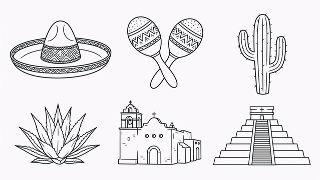 Mexican culture outline icons featuring landmarks, cactus, agave, sombrero, maracas, and pyramid in simple line art style