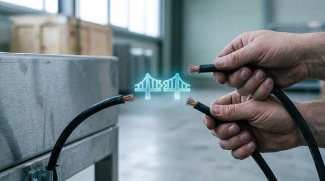 Manufacturing halt at industrial site with cut cable and worker hands, bridge power outage