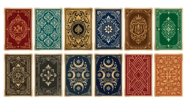 Vintage playing card back designs, set of 12 ornate tarot card illustrations, luxury mystical vector patterns with gold filigree and celestial symbols