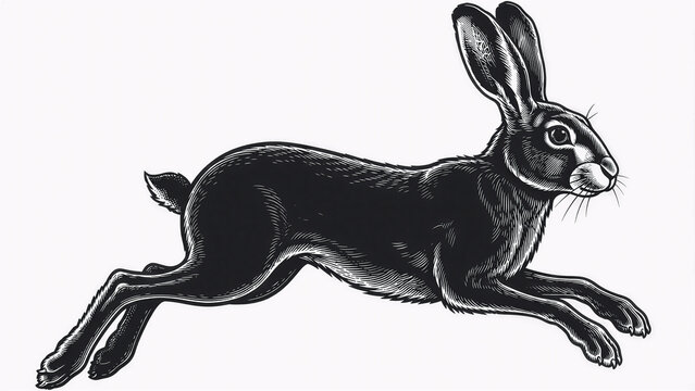 Black silhouette of a running hare isolated on a white background, minimalist wildlife