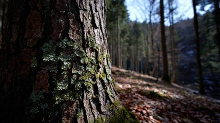 Fototapeta premium Close-Up of a Tree Bark with Lichen in a Lush Forest Environment