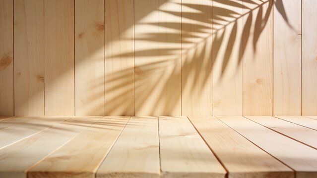 Empty Wooden Table with Tropical Palm Leaf Shadow