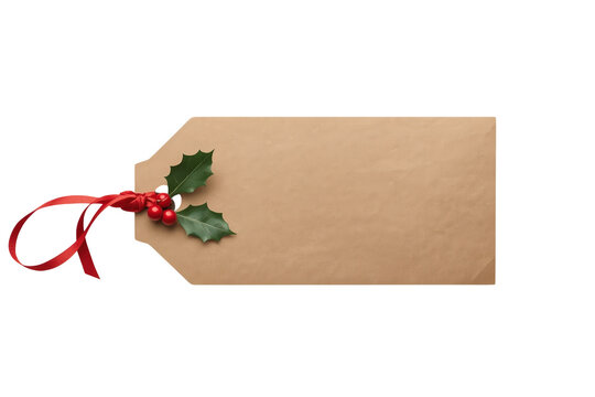 Blank kraft holiday gift tag with red ribbon and holly isolated on transparent background