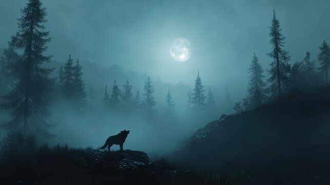 Wolf Howling at the Moon in a Misty Forest
