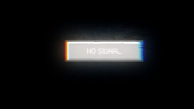 Glitched 'NO SIGNAL' message on a dark digital screen with retro static and chromatic aberration, symbolizing a technical error