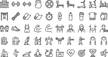 Fitness Gym Workout Bodybuilding and Healthy Lifestyle Line Icon SetFitness Gym Workout Bodybuilding and Healthy Lifestyle Line Icon Set © AFIZUL