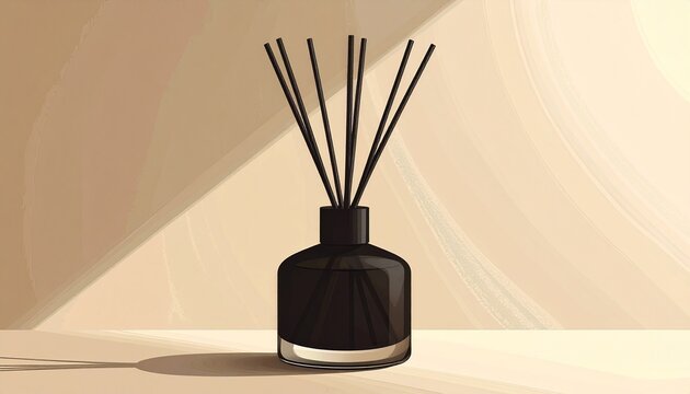 Black reed diffuser bottle with sticks on light background.