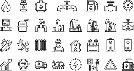 Fototapeta premium Natural Gas Infrastructure and Industrial Energy Supply Line Icon SetNatural Gas Infrastructure and Industrial Energy Supply Line Icon Set