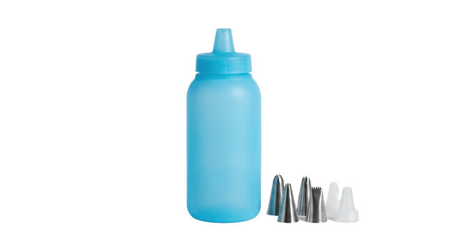 Blue plastic squeeze bottle with interchangeable precision nozzle tips for dispensing glue, paint, ink, oil, dye and other liquids in crafts and workshops

