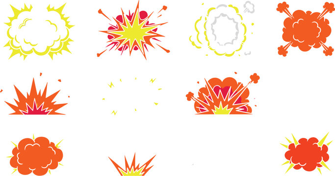 Cartoon Bomb Explosion and Smoke Cloud FX Effect Set with Fire Flash, Comic Blast, and Sparks Flat Vector Illustrations for Game Animation Designs