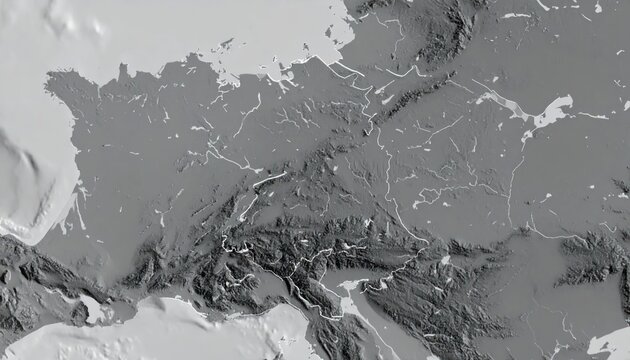 Grayscale Topographic Map Showing Mountain Relief Across Europe
