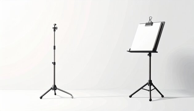 Black tripod and music stand on white background.