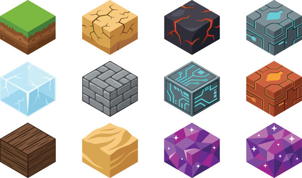 Isometric Video Game Block Texture Set with Grass, Desert, Lava, Sci Fi, Ice, Stone, Circuit, Sand, Wood, and Crystal Flat Vector Illustrations