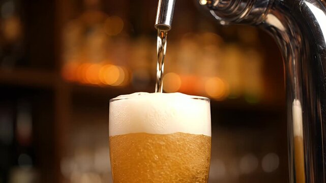 Beer pouring from a chrome tap into a glass with thick foam in a warm pub setting