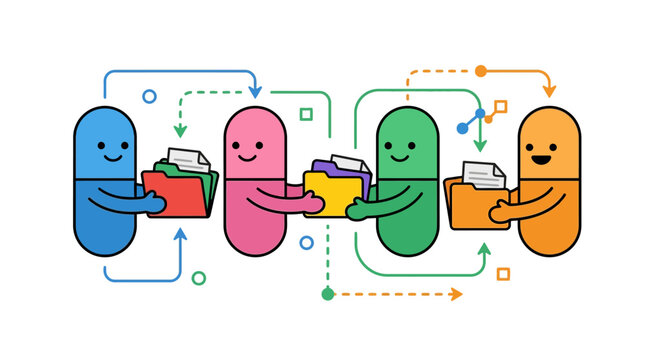 Cute cartoon pill characters exchanging document folders in a data transfer and file sharing workflow process concept