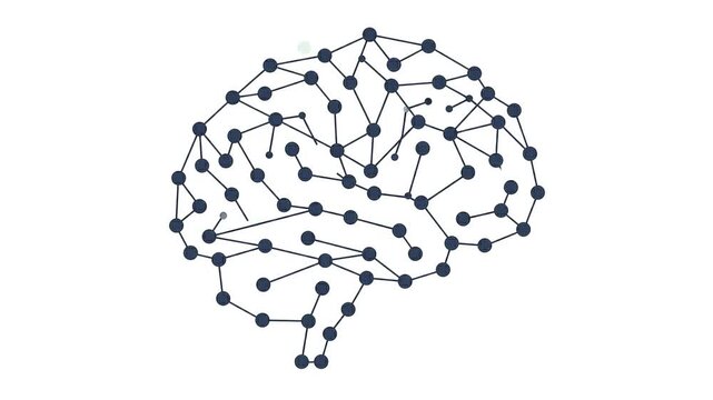 Abstract digital brain representation with connected nodes and lines on a clean minimalist white background video