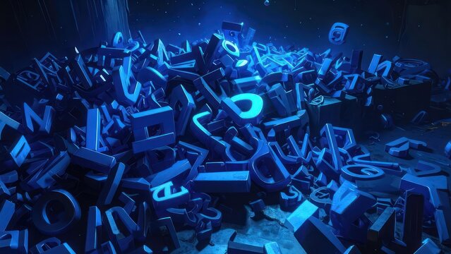 Abstract pile of 3D letters in blue lighting.