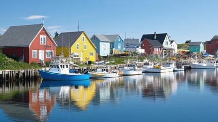 Fototapeta premium Colorful Seaside Town Harbor with Docked Boats