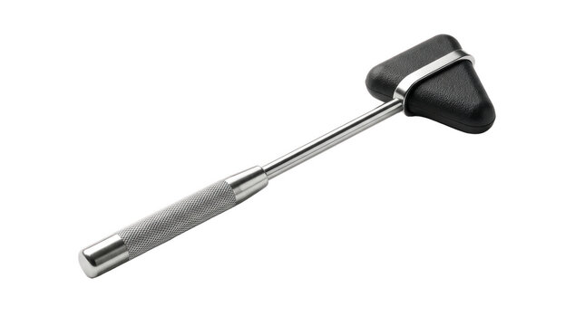 Telescopic neurological reflex hammer with triangular rubber head and metal handle for testing tendon reflexes, muscle response and clinical patient examinations

