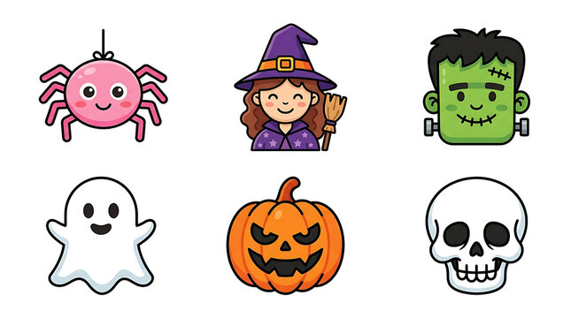 Kawaii halloween icons featuring witch ghost skull pumpkin and monster, elements