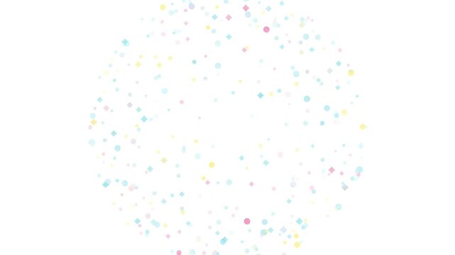 a colorful abstract animation of festive confetti bursting and floating outward in a symmetrical circular radial pattern