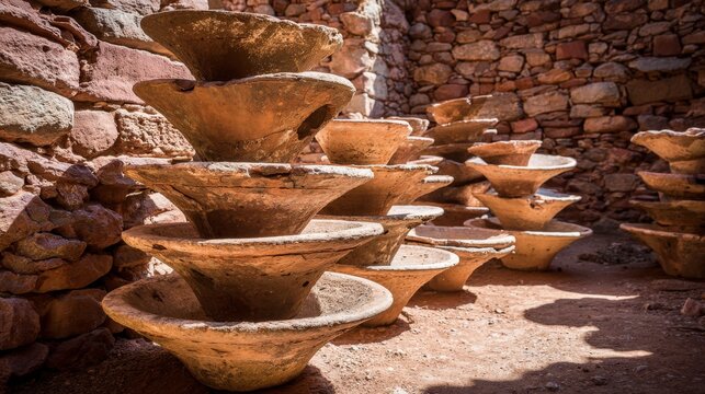 Ancient Terracotta Pots Stacked in an Arid Stone Environment