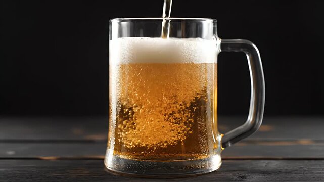 Golden beer pouring into a glass mug with thick white foam on a dark wood table