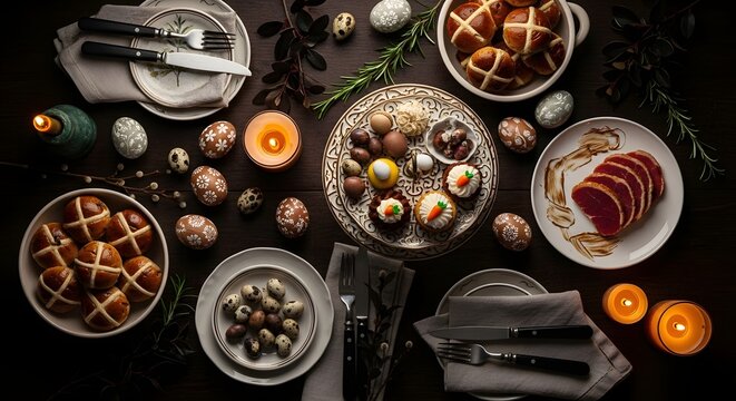 Festive Easter Dinner Table Setting with Traditional Hot Cross Buns and Decorated Eggs