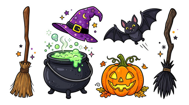 Magical halloween clipart collection with witch hat cauldron broom and pumpkin