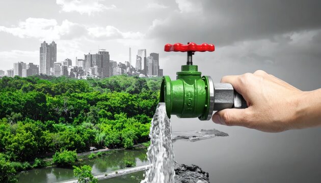 Hand Holding Green Water Valve Pouring Water Over Forest and City Skyline