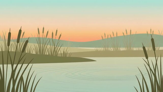 Serene wetland landscape with cattails at sunset over calm water