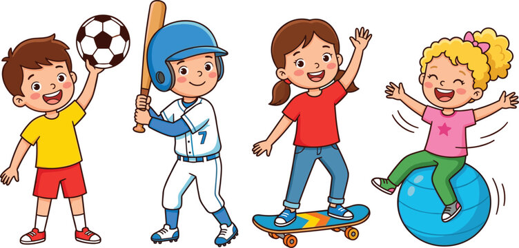 Happy Cartoon Children Practicing Diverse Sports Activities Including Soccer Baseball Skateboarding and Fitness Ball Training Vector Illustration