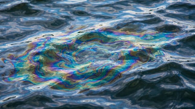 Iridescent oil slick floating on the surface of dark ocean water.