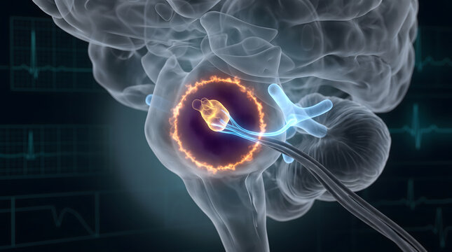 3D medical illustration of deep brain stimulation showing an electrode targeting a subcortical structure with glowing electrical impulses and ECG background