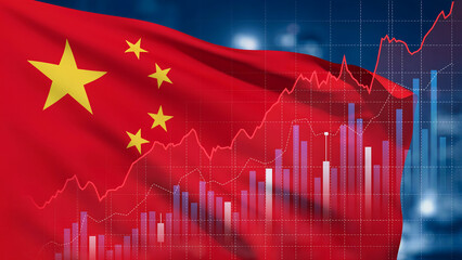 Fototapeta premium Chinese financial market performance analysis with national flag and stock
