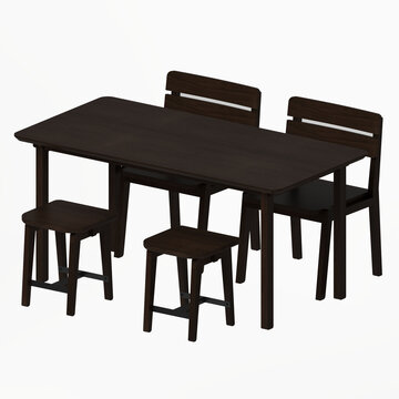 Perspective view of a walnut rectangular dining set featuring a dining table, two chairs, and two stools with rich wood grain.
