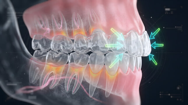 3D medical illustration of transparent dental aligners on human teeth jaw, showing tooth movement pressure arrows and visible root nerves.