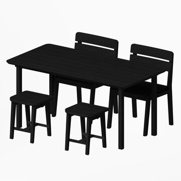 Perspective view of a white oak black water rectangular dining set featuring a dining table, two chairs, and two stools.
