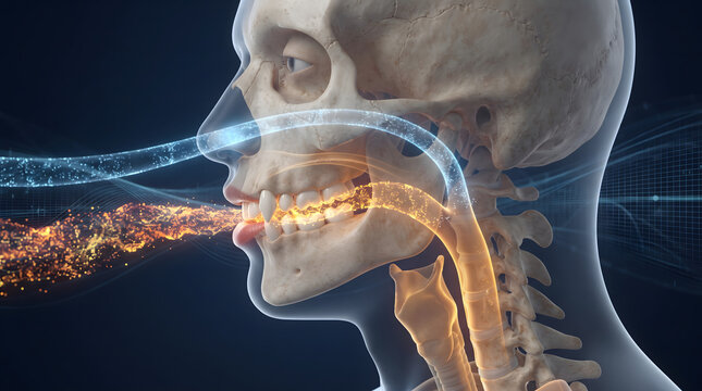 3D medical illustration of a human head cross section showing respiratory airflow with blue cold nasal air and orange hot oral air